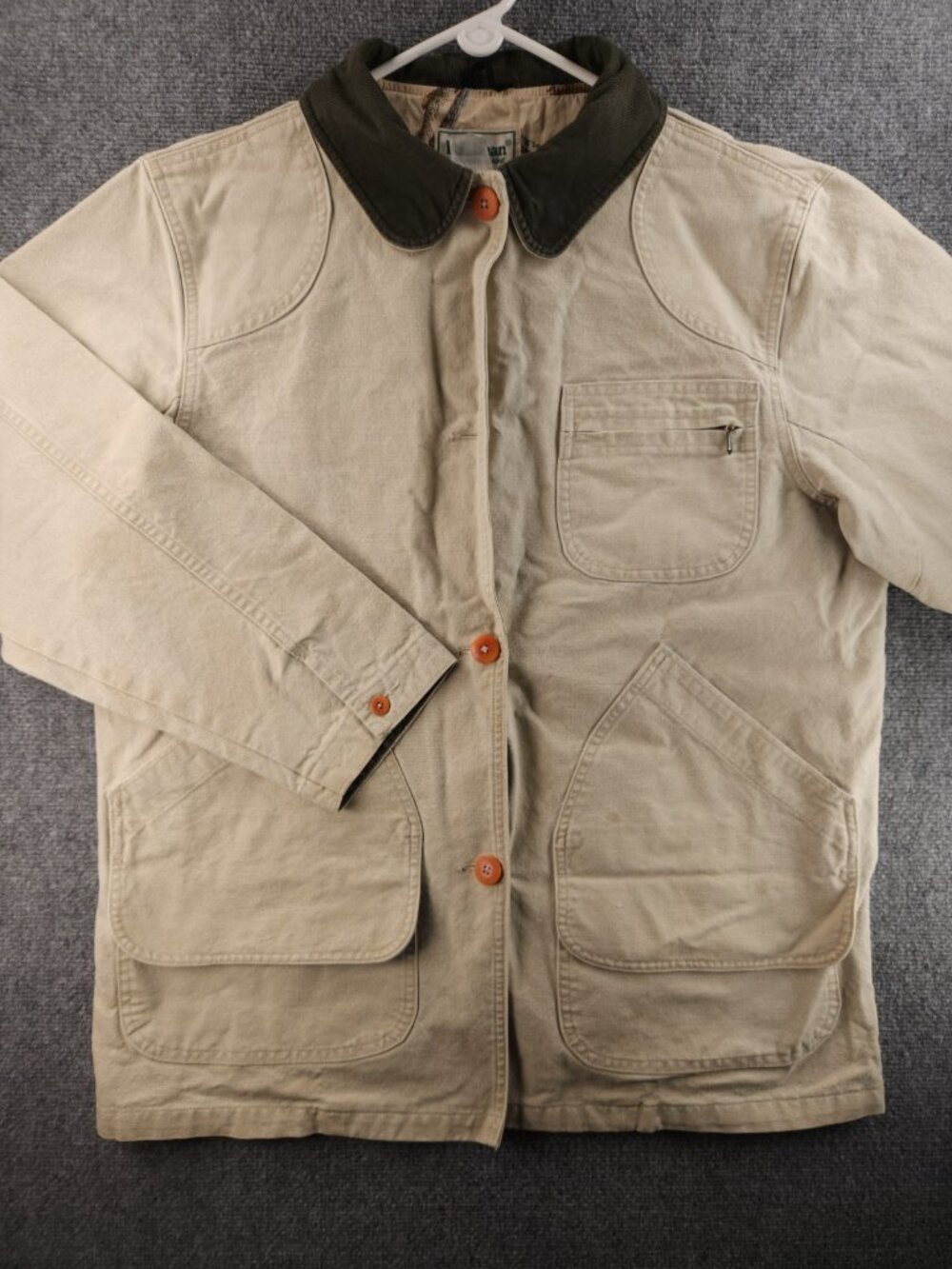 VTG LL Bean Chore Coat Canvas Women Farm Barn Beige Duck Lining Corduroy Collar